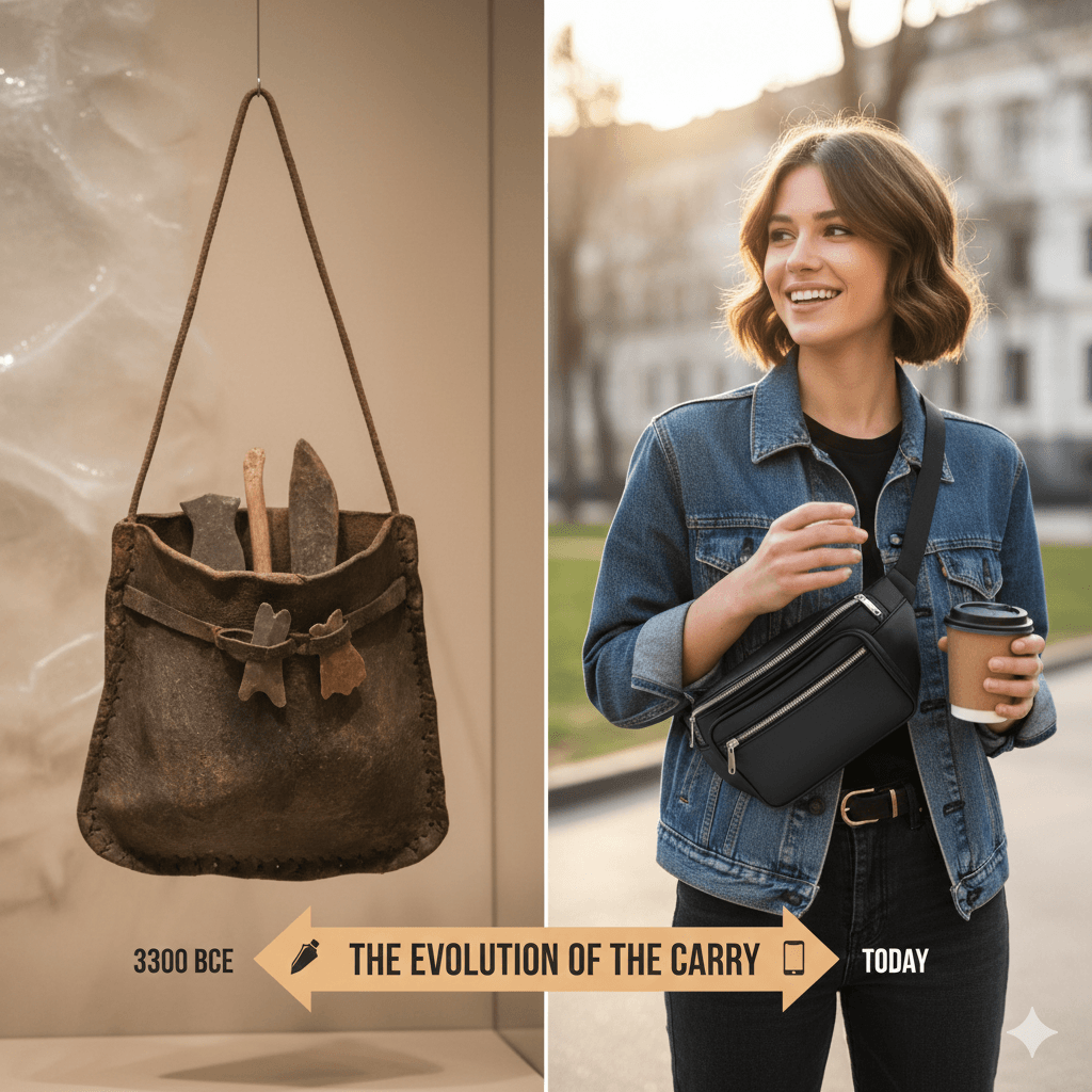 Ancient Ötzi the Iceman's leather pouch on left side& fanny pack