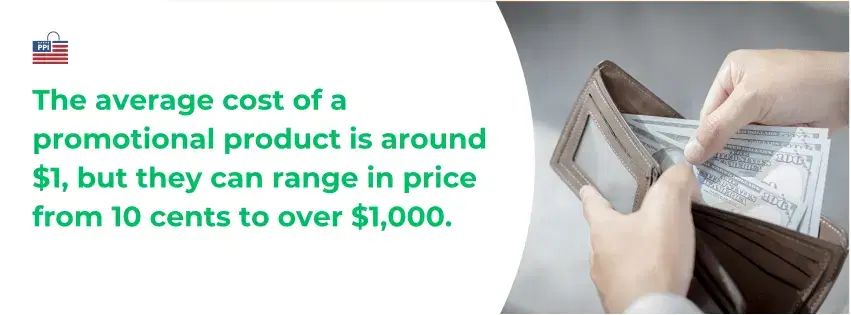 The average cost of a promotional product is around $1, but they can range in price from 10 cents to over $1,000. (3).svg